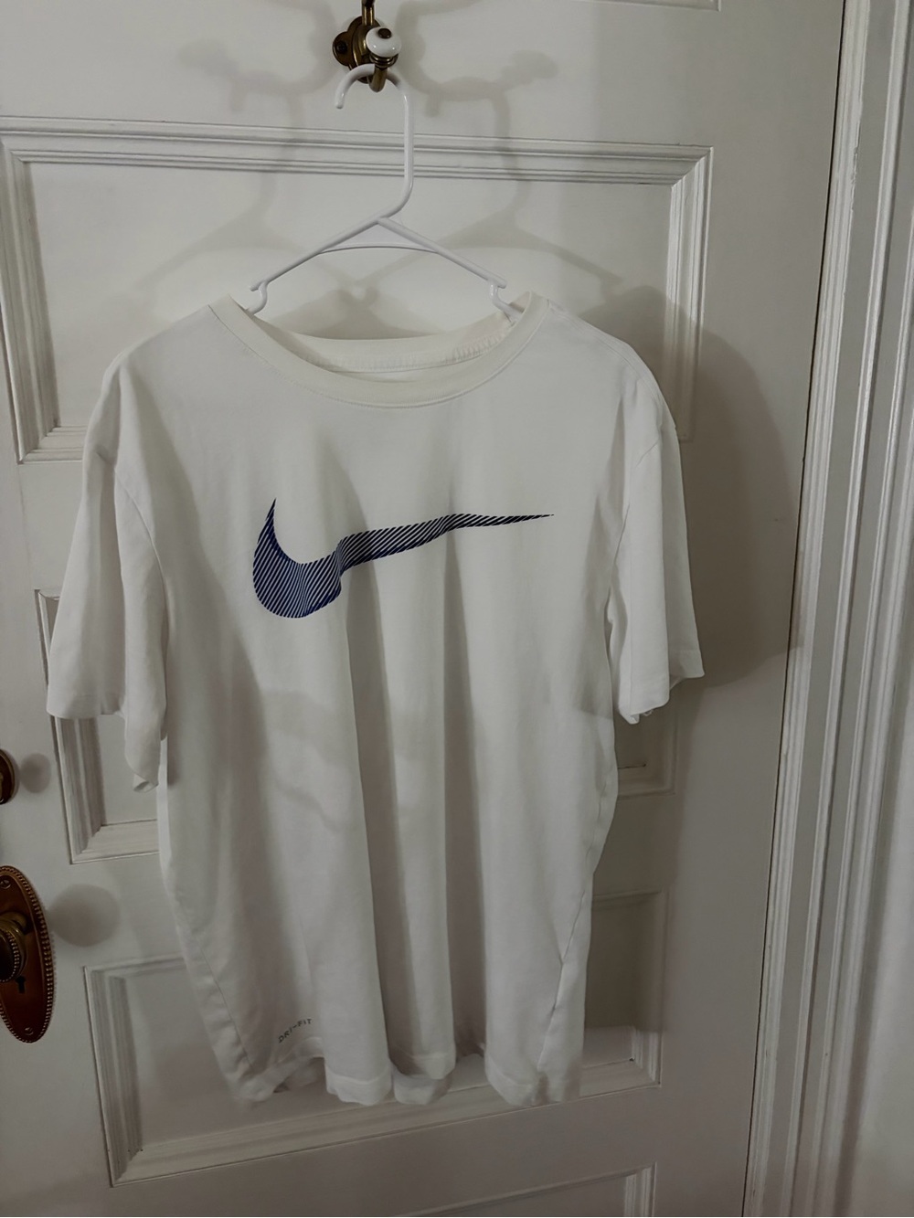 Nike White Short Sleeve Tee with Navy Striped Swoosh